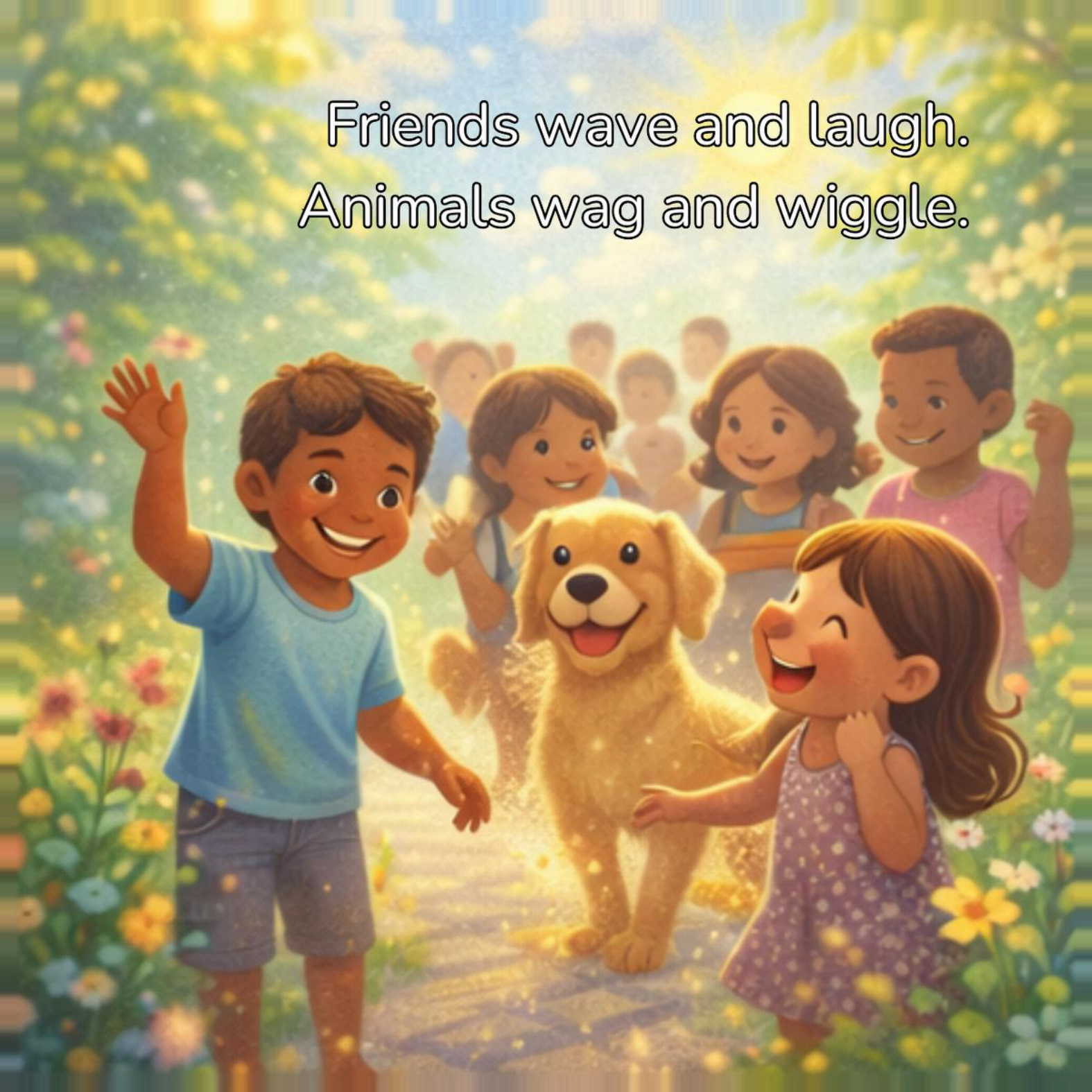 Children and a dog playing together