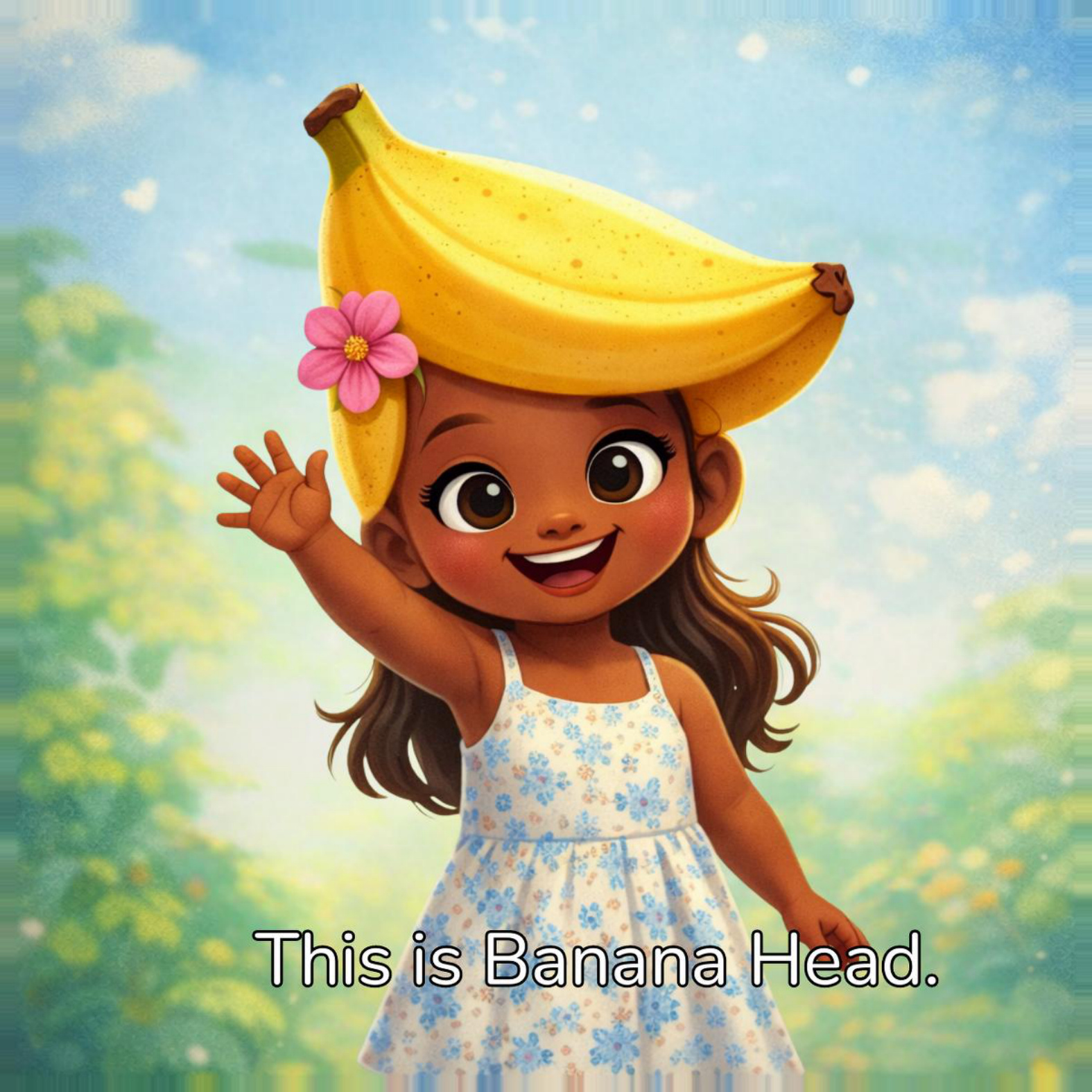 Banana Head waving with a flower in her hair